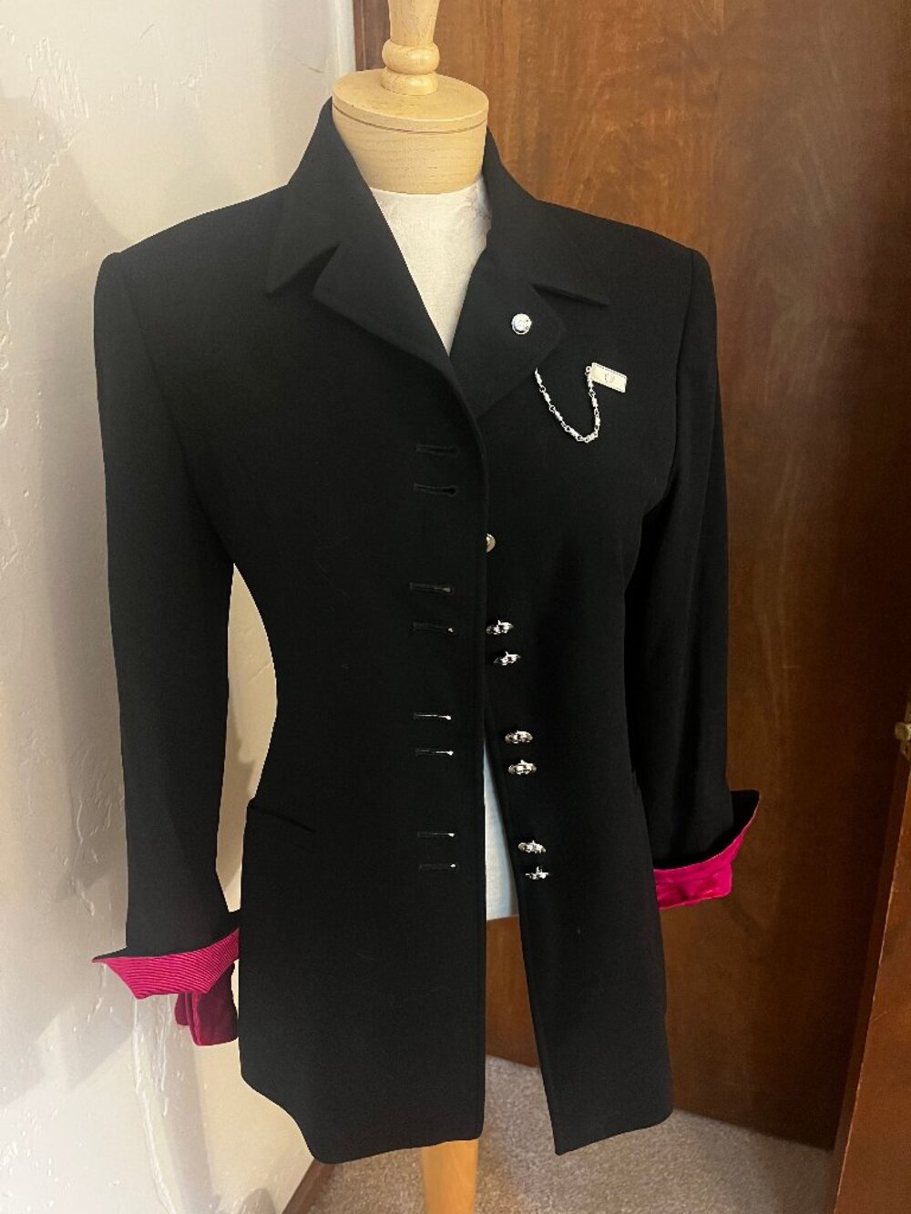 Vintage Griffith Gray for St. John Black Wool Coat with Pink Cuffs, Size 2